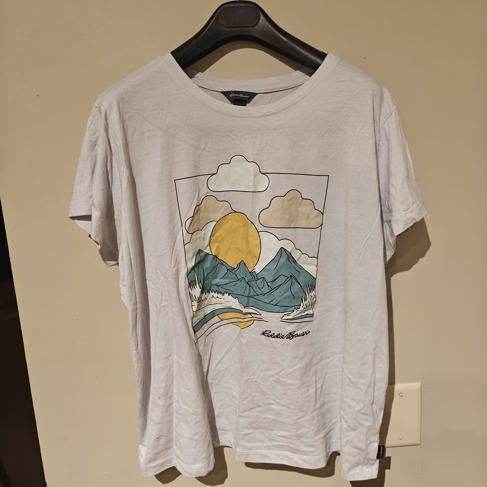 Eddie Bauer White Tee with Mountain and Sun Design